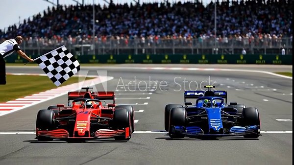 Formula 1 Race Finish, Chequered Flag - Two Formula 1 race cars sprint across the finish line, a checkered flag is waved by an official. A large crowd watches from the stands.