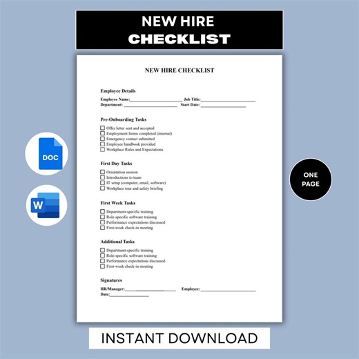 New Hire Checklist Template, Editable New Employee Checklist, HR Onboarding Form, Human Resources Hiring Form Template, Digital Download - Etsy