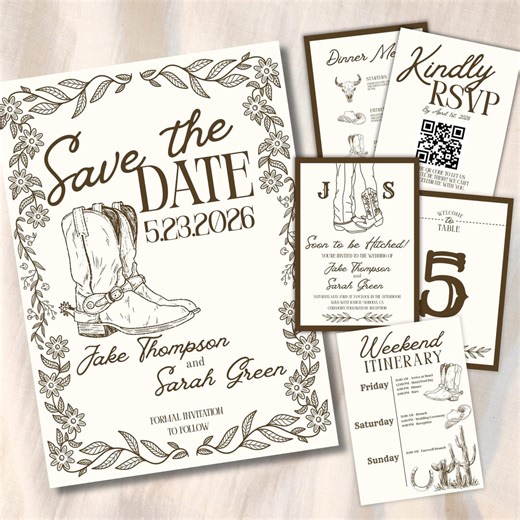 Western Wedding Invitation Bundle Template, Cowboy Boots Save the Date, Rustic Country Wedding Invite Suite - Etsy