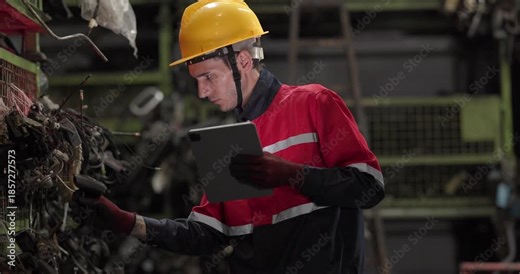 Male technician uses a barcode scanner and digital tablet to inspect and check the inventory of automotive parts on warehouse shelves, ensuring accurate stock management and quality control