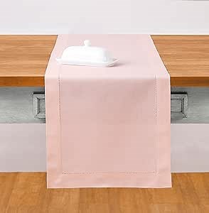 Solino Home Cotton Linen Pink Table Runner 72 Inches Long - Hemstitch Table Runner 14 x 72 Inch for Dresser, Dining, Mothers Day, Spring, Easter