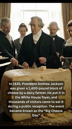 In 1835, President Andrew Jackson received an enormous gift from a New York dairy farmer — a massive 1,400-pound block of cheese. The block was so large that it had to be transported to Washington, D.C., and placed in the foyer of the White House. Rather than keeping it for himself, Jackson decided to share the impressive gift with the public. He invited thousands of visitors to the White House for a grand public reception, where guests were free to sample the giant cheese. The event became a le