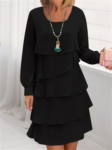 Women's Mini Dress Black Dress Tiered Dress Fashion Modern Outdoor Tea Party Going out Regular Fit Plain 3/4 Length Sleeve Crew Neck Black Spring Fall 2025