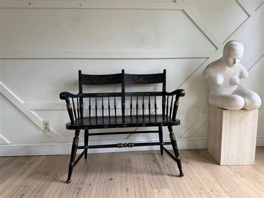 Vintage L. Hitchcock Hall Bench: 1970s Black & Gold Stenciled Birch Settee - Etsy