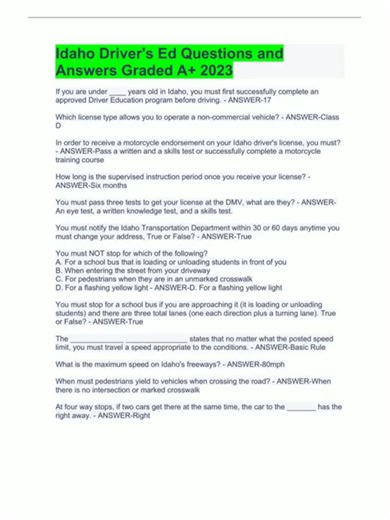 Idaho Drivers Ed Questions and Answers Graded A 202361