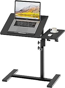 Height Adjustable C-Shaped Table with Removable Wheels, Mobile Sofa Snack Table with Tiltable Top, Adjustable Laptop Stand for Couch, Bedside Desk with Pen Slot, Black