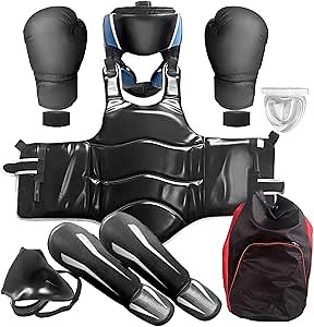 Taekwondo Boxing Gear Set, Karate Sparring Gear Set Height Youth or Adults, Martial Arts Shin Guards/Chest Rib/Headgear/Mouthguards Guards Protective Gear Set