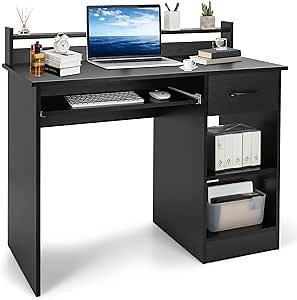 Computer Desk with Hutch & Keyboard Tray, Home Office Workstation with Drawer, Adjustable Shelves, Modern Vanity Table for Bedroom, Wooden Writing Study Laptop PC Desk (Black)