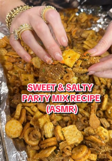SWEET & SALTY PARTY MIX! AND IT WAS DELICIOUS! We were inspired to make this recipe by @Jen Magic but made it a bit differently, (we can’t do spice) we will write ✍🏼 everything out and post the non asmr video for you tomorrow if you’d like- let us know 😘 #snack #fallrecipes #partymix #party #easyrecipe