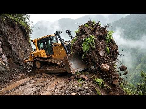 New Operation Start! Wonderful Bulldozer Operator Skills Cutting Rock Soil on Cliffside