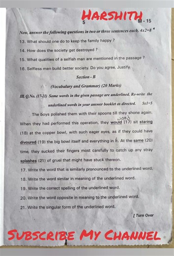 8th Class SA2 - English Telangana state Question Paper April 2026 - English Medium