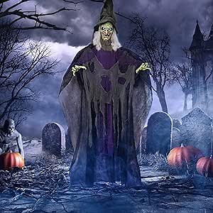 Amazon.com: 84" Hanging Animated Talking Witch Halloween Decorations, Turning Head Witch with Light-up Eyes, Sound Activation, Poseable Arms, Animatronic Haunted House Prop for Outdoor, Indoor, Lawn Decor : Patio, Lawn & Garden