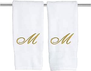 White Monogrammed Hand Towels for Bathroom - Luxury Hotel Quality Personalized Initial Embroidered Towel for Powder Room, Spa - GOTS Organic Certified - Pack of 2 Gold, Letter M