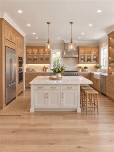 Warm Oak & Cream Kitchen — Natural, Bright & Timeless A warm and inviting kitchen built around natural oak, soft cream cabinetry, and timeless proportions. The large island creates the perfect place for breakfast, meal prep, and everyday conversations, while the full-height appliance wall, generous storage, and complete cooking zone keep the space practical and easy to use. Warm pendant lighting, under-cabinet lighting, brass details, and natural wood flooring bring softness and character to the