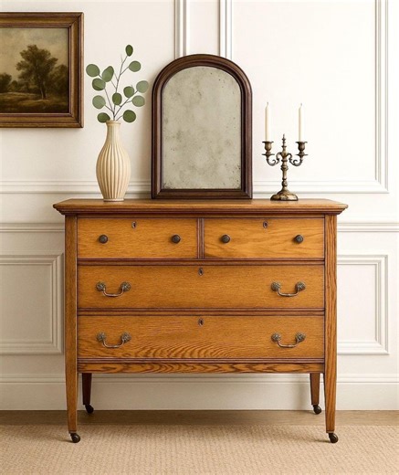 Antique Early 1900's Solid Wood Quarter Sawn Oak Four Drawer Raised Chest on Casters - Etsy Canada