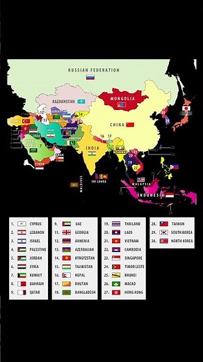Political map of Asia showing countries, borders and regional divisions across the continent clearly