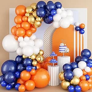 Blue and Orange Balloon Arch Garland Kit, Navy Royal Dark Blue Gold Orange Balloons, Metallic Chrome Latex Balloons Different Size for Thanksgiving Fall Graduation Anime Birthday Party Decorations