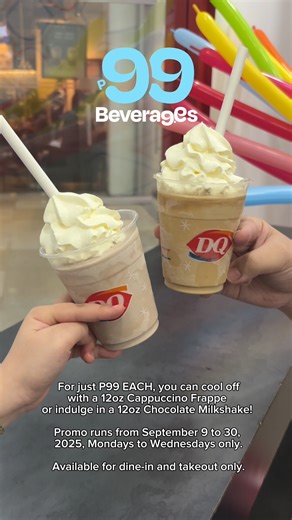 Something to take the edge off? We’ve got just the thing. 😏 Whether it’s the rich, coffee-blended 12oz Cappuccino Frappe or the thick and creamy 12oz Chocolate Milkshake loaded with chocolatey bliss, both are here to turn any day into a sweet little escape — all for only P99 EACH! 🥤💙 One sip, and suddenly everything feels lighter. ✨ Promo runs until September 30, 2025, Mondays to Wednesdays only. Available for dine-in and takeout only. Per DTI Fair Trade Permit No. FTEB-235994 Series of 2025.