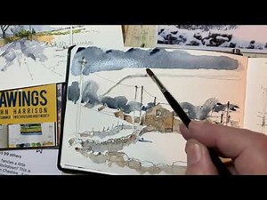 Watercolour washes over the line drawing of farm buildings in the Yorkshire Dales