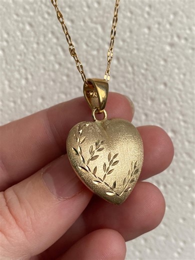 Italian Gold Plated Silver Puffy Heart Pendant Necklace – Satin Finish, Engraved Leaves, Italy 925 - Etsy
