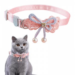 Pink Cat Collar, Breakaway Cat Collars with Bells, Girl Boy Pet Cat Collar Adjustable 8.26-12.5 Inch, Quick Release Safe Buckle Pink Bowtie Removable Kitten Collars Valentines Day Accessories