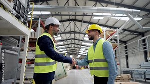 Engineer consulting with product manager in modern industrial factory, explaining new production project or investment. Team management in manufacturing facility.