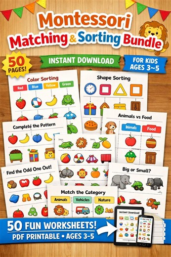 Montessori Matching Sorting Worksheets | Preschool Learning Activities (PDF Printable) - Etsy