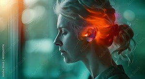 Temple pain women standing with pain highlighted in the style of an Xray of the temple on screen shows problem, motion video 4k quality animation