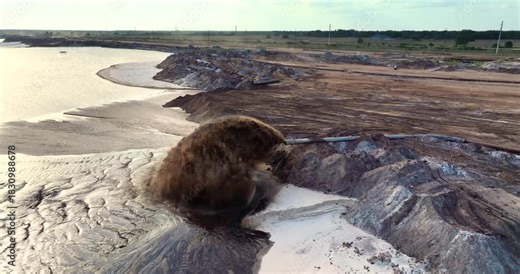 Phosphate mining site in Florida with large pipe ejecting water and sand slurry during mineral extraction process.
