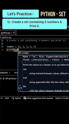 Python Set Practice 🐍 | "Create a set containing 5 numbers and print it". #Python #shorts