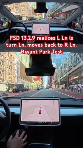 FSD 13.2.9 realizes L Ln is turn Ln, moves back to R Ln. Bryant Park Test #teslafsd #fsdbeta #fsd