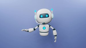 AI chat bot with headphone wave hand to say hi on black background. Artificial intelligence smart robot technology. 3D render animation with cute character.