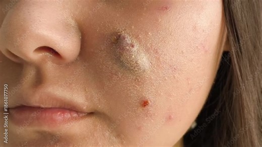 A large pimple, a blister with fluid on the cheek of a young woman. Acne on the face of a teenager. Treatment of skin diseases. Dermatological problems