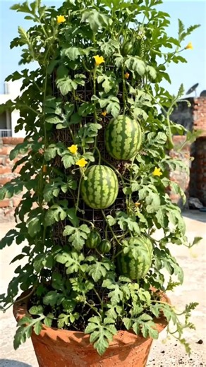 Vertical Watermelon Farming in Pots — Grow Big Melons on a Balcony! #shorts