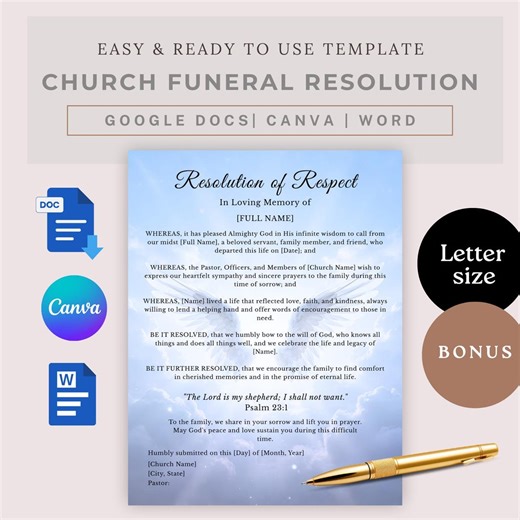 Funeral Resolution Letter for a Church or Memorial Service, Funeral Resolutions Poems, Customizable Templates, in Loving Memory - Etsy