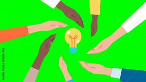 Business meeting and brainstorming. Idea and concept for teamwork. Children participate in the development of the idea. Business people, team, light bulb, and icon. 2d flat animation. Alpha channel