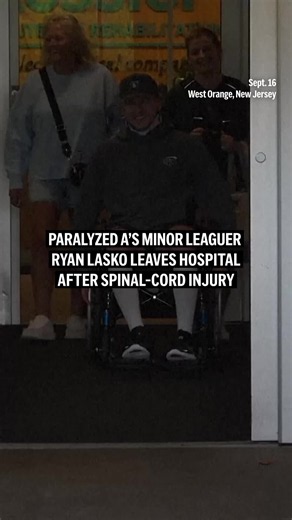 Ryan Lasko, a minor league prospect with the Athletics who was paralyzed in an outfield collision more than two months ago, was cheered by staff after being discharged from an in-patient rehabilitation hospital. #RyanLasko #Athletics #Baseball