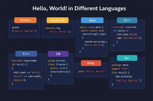 Subhodeep | Student Life & Code on Instagram: "Every programmer’s first step starts here 👨‍💻✨ “Hello, World!” in different programming languages 🌍💻 Same output, different syntax — that’s the beauty of coding 🚀 Save this reel & follow for daily programming shorts 🔥 🔖 Hashtags #HelloWorld #ProgrammingBasics #LearnToCode #CodingJourney #BeginnerProgrammer 🔑 Keywords [hello world program, hello world in different languages, programming basics, beginner coding, first program in coding, learn 