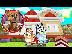 Baby Chase from Paw Patrol appears at Bluey's house in Minecraft.