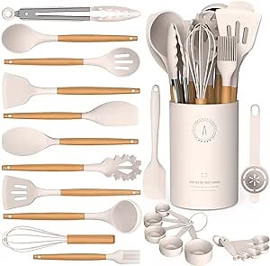 Silicone Cooking Utensils Set - AVGPD Silicone Kitchen Utensils for Cooking Wooden Handles, 446°F Heat Resistant Kitchen Utensil Spatula Sets w Holder, Gadgets for Non-Stick Cookware BPA FREE (Khaki)