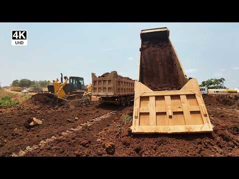 Dozer Leveling While Dump Trucks Pour Gravel & Sand – Road Construction in Action 4K