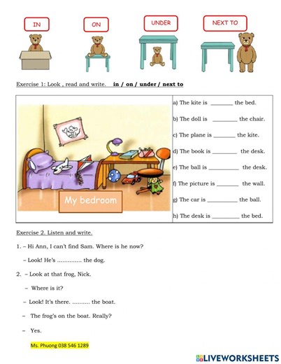 In, on, under, next to worksheet