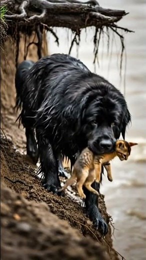 Moments from the Edge—Newfoundland Dog’s Cliffside Rescue 😱🌊🐾 #doghero #catrescue #survivor