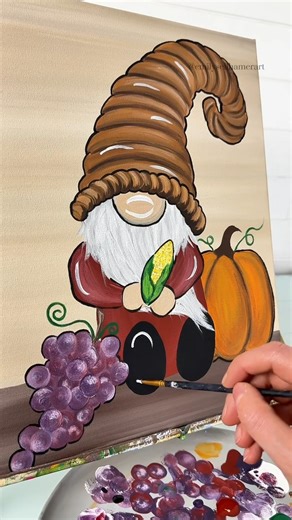 Here is a step by step Thanksgiving gnome painting tutorial for beginners! 🎨I just couldn't pass up the idea of a gnome wearing a cornucopia eating a piece of corn. 😄Have fun with this one! #beginnerfriendly #paintingtutorial #fallpainting #easypainting #howto #pumpkinseason #Thanksgiving #gnomes What you will need 🎨Colors: White Black Tan Brown Dark Brown Orange Yellow Dark Yellow Purple Dark Red Green 🖌Brushes: Mop brush Size 0 detail Size 3 round Size 6 round Size 8 round Artist Sponge Sm