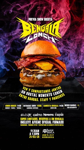 @bengalamed on Instagram: "PREVIA BENGALA SHOW BOGOTÁ 21/03/26 LUNCH MANDUCA/BENGALA 🍔🍟🍺📸🤳🗣️🧑‍🧑‍🧒‍🧒🤣⚡️🎯❤️‍🩹 VEN Y COMPARTAMOS JUNTOS UN BRUTAL MOMENTO LUNCH ENTRE BANDAS, STAFF Y PARCERXS La idea es compartir un LUNCH brutal y estar en comunidad horas antes del show Bengala, conversar, tomarnos fotos, comer, parchar, saludarnos con tiempo antes del show. No solo comeremos y parcharemos. También puedes adquirir merch como camiseta oficial BENGALA que estará hermosa a precio especial,