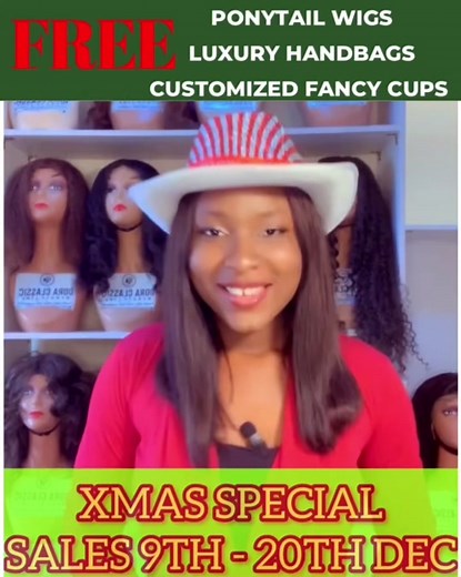 Santa Dora comes bearing good news.. Our Xmas special sales comes up on the 9th of December to 20th of December I will be giving out free ponytail wigs on each order or free luxury handbags on each luxury hairs order I will also be giving out a customized fancy cup as a loyalty gift to all my loyal customers for the year. This sales is coming with a bang #christmasseason #foryoupage #xmaslove #businessgrowthsquarechristmassaleschallenge