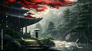 Fantasy rain landscape on Japanese anime drawing style. Rainy season looping 4k animation video