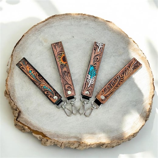 Western Hand Tooled Leather Wristlet Strap Lanyard Keychain Keyfob Cowgirl Gifts - Etsy