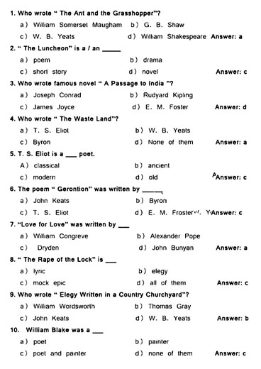 English Literature Quiz 10 MCQS with Answers | Franklin - Online LET, CSE, IELTS & Celpip Private Tutorial