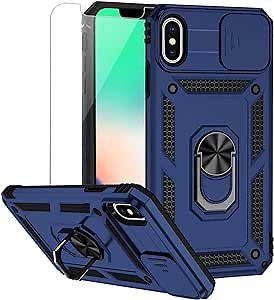 for iPhone XS Max Case with Camera Lens Cover HD Screen Protector, Dual Layer Military Grade Drop Protection Magnetic Ring Holder Kickstand Protective Phone Case for iPhone XS Max 6.5 inch (Navy Blue)